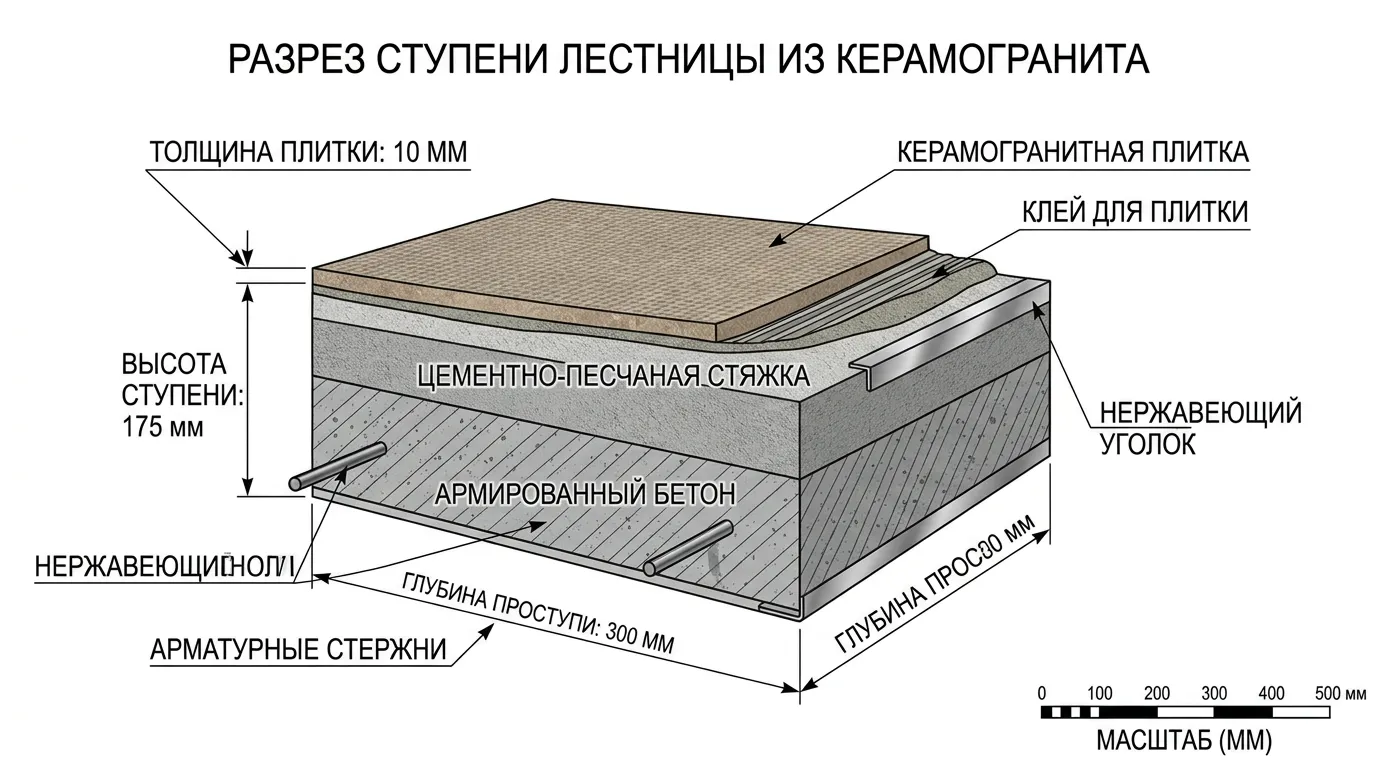 Срез керамогранитной ступени с указанием толщины и структуры