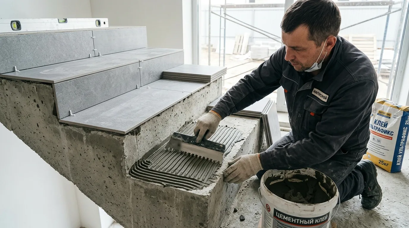 Процесс укладки ступеней из керамогранита